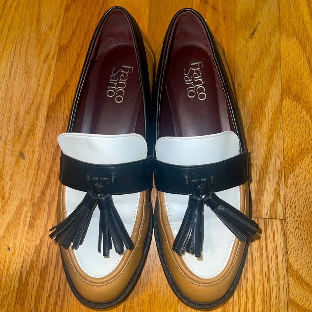 Franco Sarto Black, White, and Tan Loafers